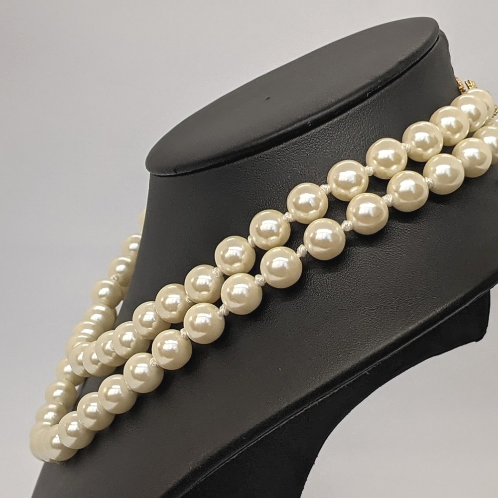 ERWIN PEARL Signed 10mm Double Strand Necklace • Gold Clasp • Jackie O Style - Picture 5 of 9